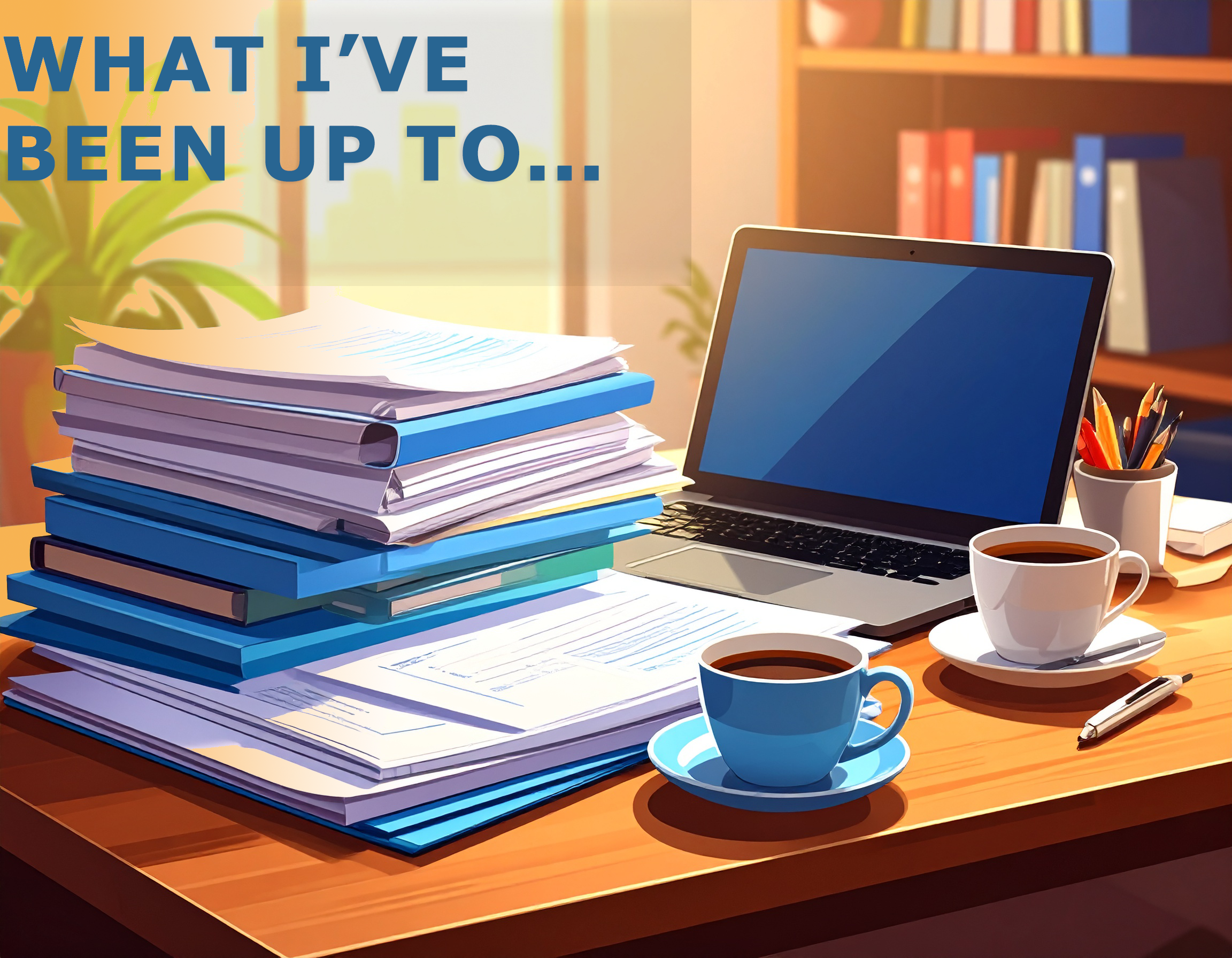 What I've been up to logo. Computer, desk, books, text